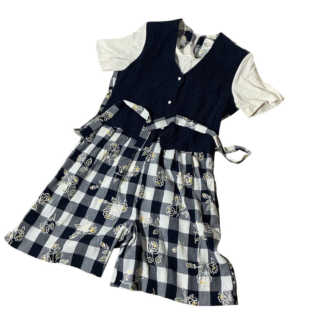 J.R Bentley Vintage Floral Gingham Romper Women 12 Navy Blue Plaid Faux Vest Tie